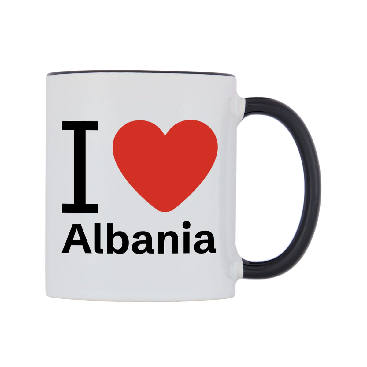 I Love Albania Mug — white 11oz gloss mug with a black inside and handle, left side, on a white background