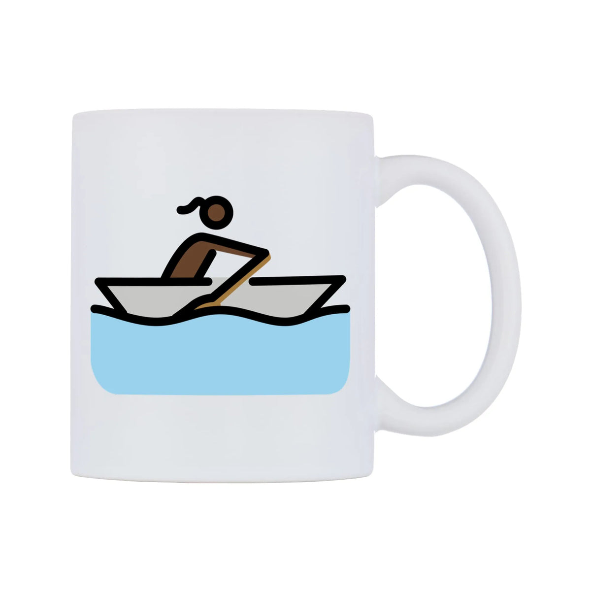 Female Rowing Boat: Dark Skin Tone Emoji Mug — mug, left side, on a white background