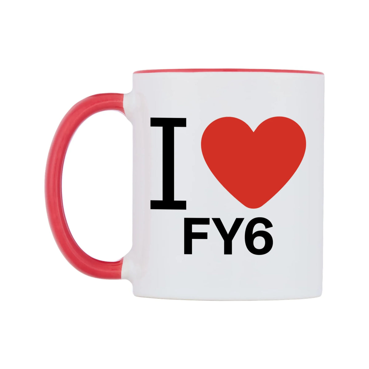 I Love FY6 Mug — white 11oz gloss mug with a red inside and handle, right side, on a white background