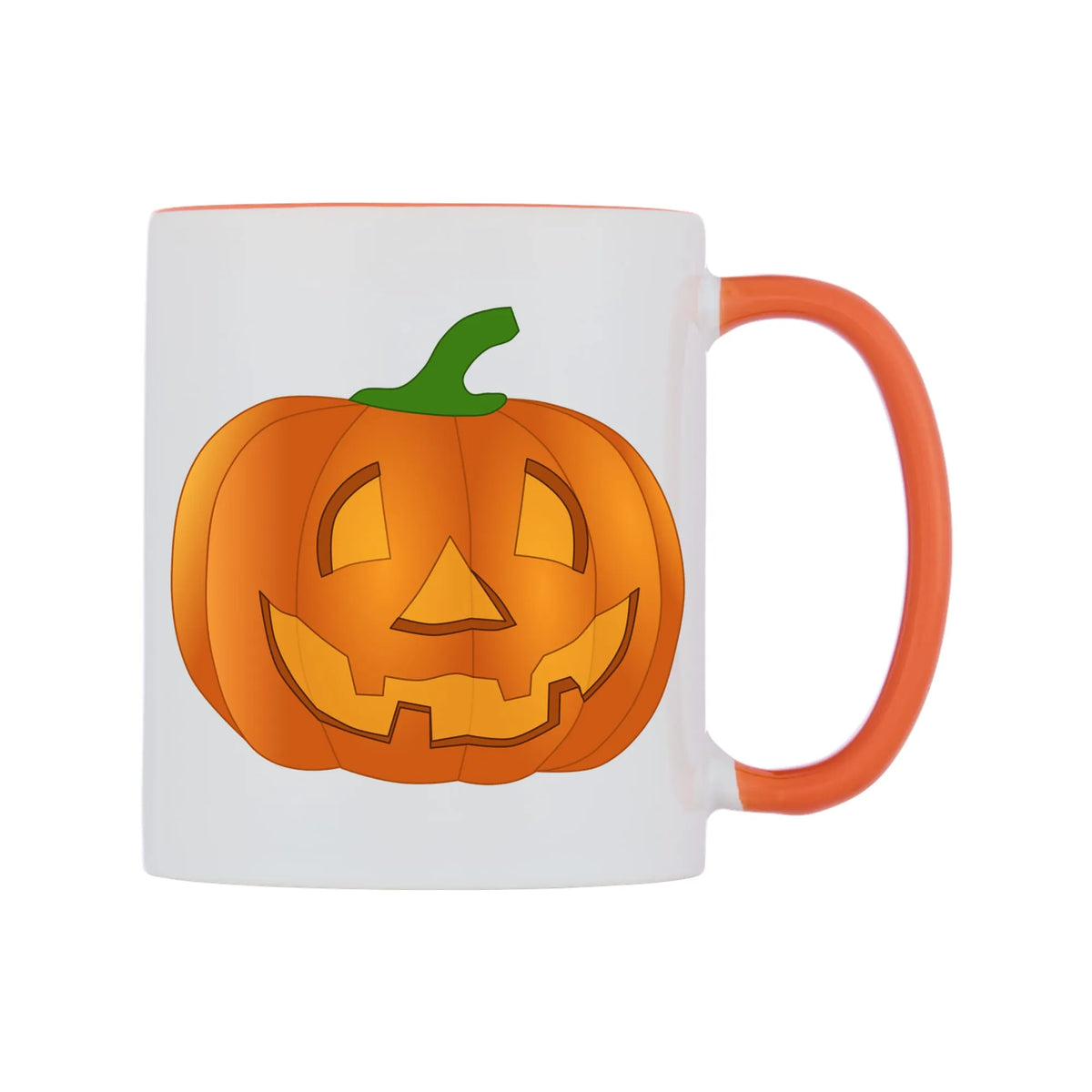 Halloween Pumpkin Mug — white 11oz gloss mug with a orange inside and handle, left side, on a white background