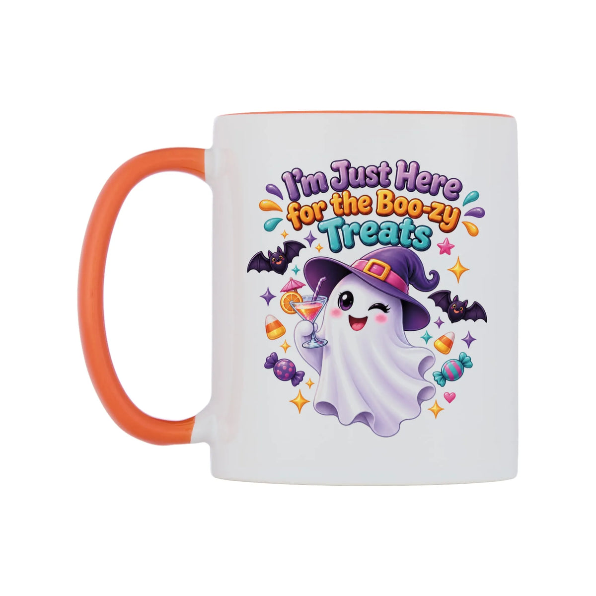 I'm Just Here for the Boo-zy Treats Mug — white 11oz gloss mug with a orange inside and handle, right side, on a white background