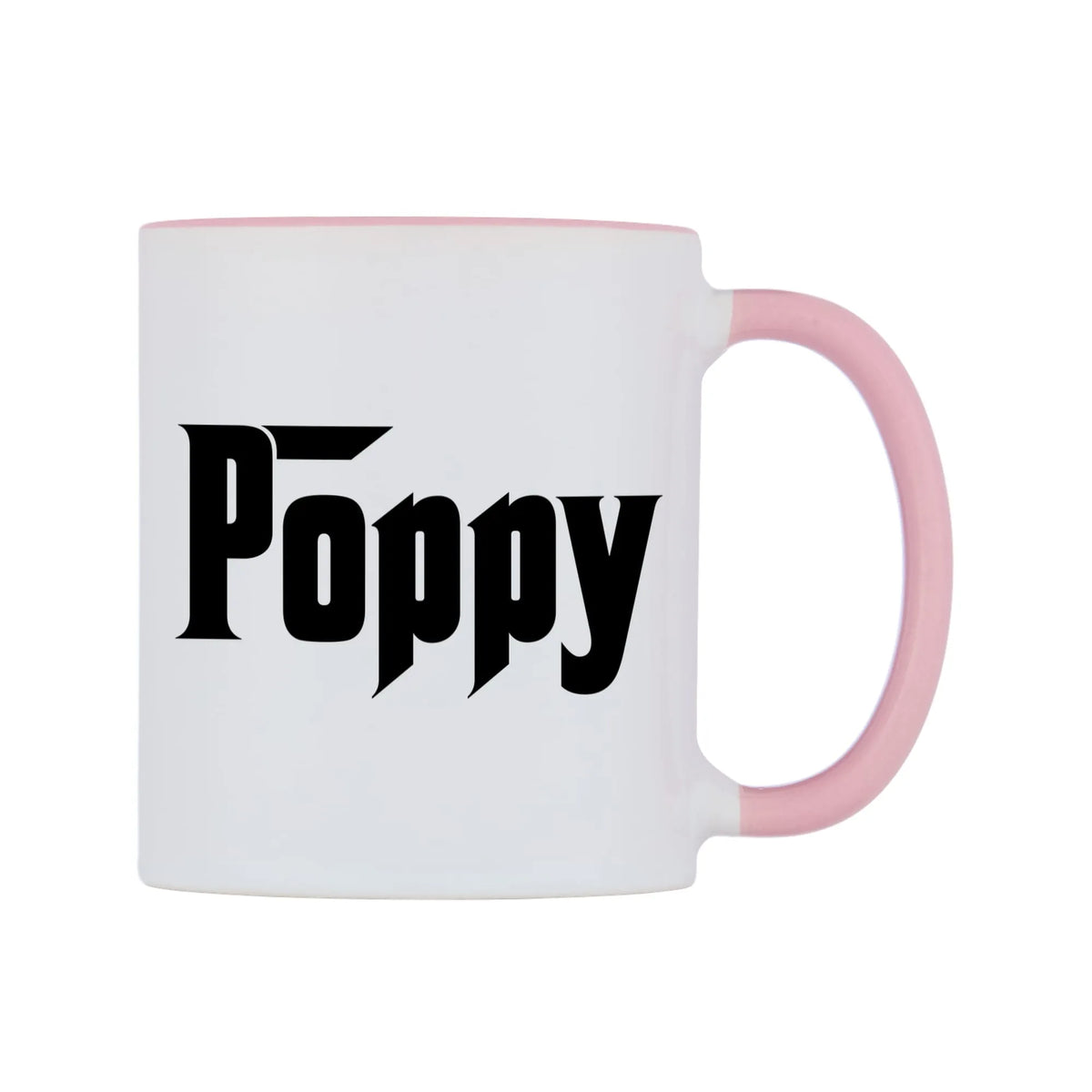 Poppy - Godfather Themed Mug — white 11oz gloss mug with a pink inside and handle, left side, on a white background