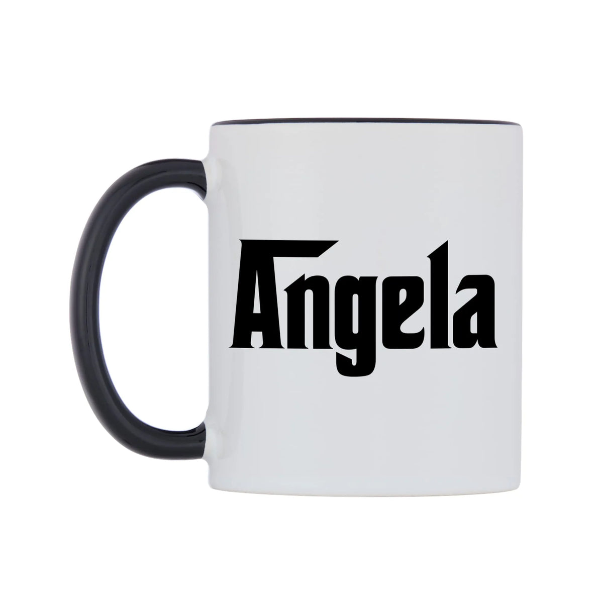Angela - Godfather Themed Mug — white 11oz gloss mug with a black inside and handle, right side, on a white background