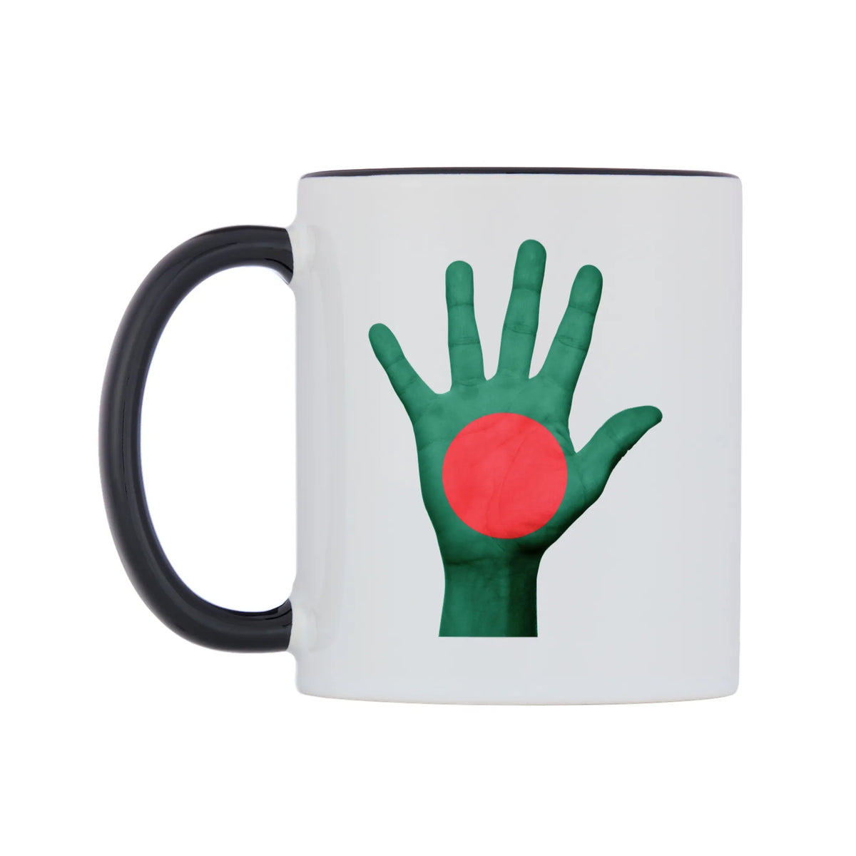 Bangladesh Hand Flag Mug — white 11oz gloss mug with a black inside and handle, right side, on a white background