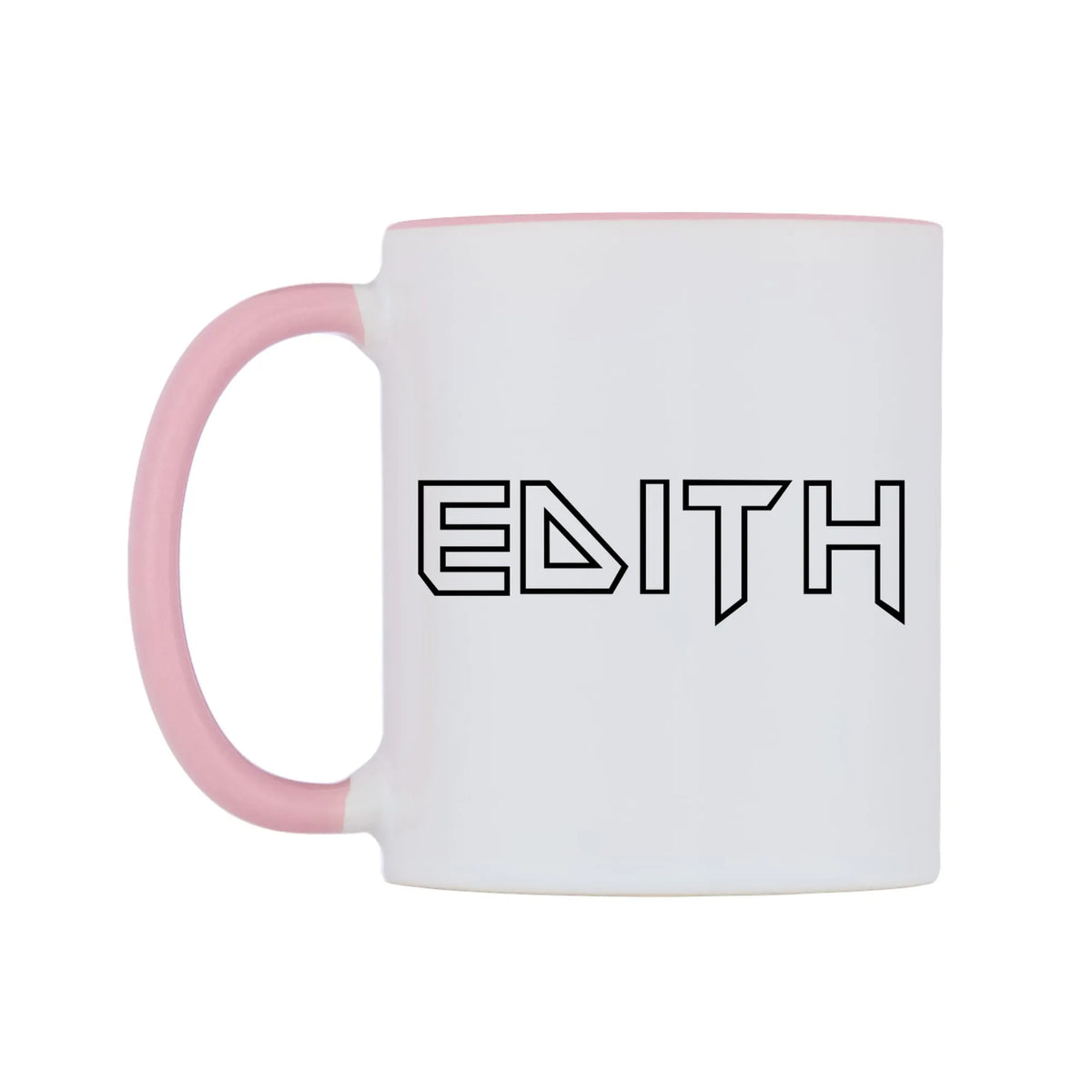 Edith - Iron Maiden Themed Mug — white 11oz gloss mug with a pink inside and handle, right side, on a white background