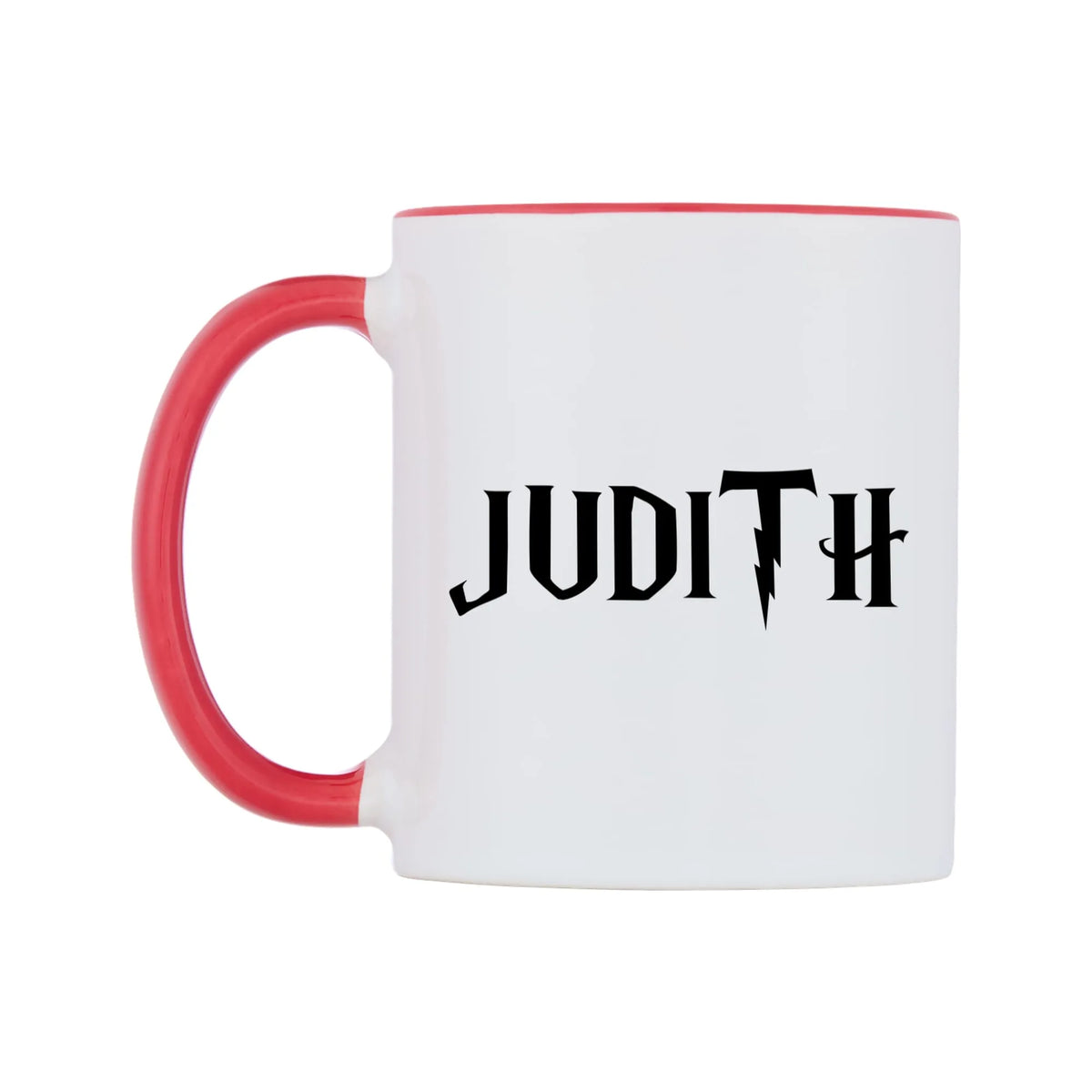 Judith - Wizard Themed Mug — white 11oz gloss mug with a red inside and handle, right side, on a white background
