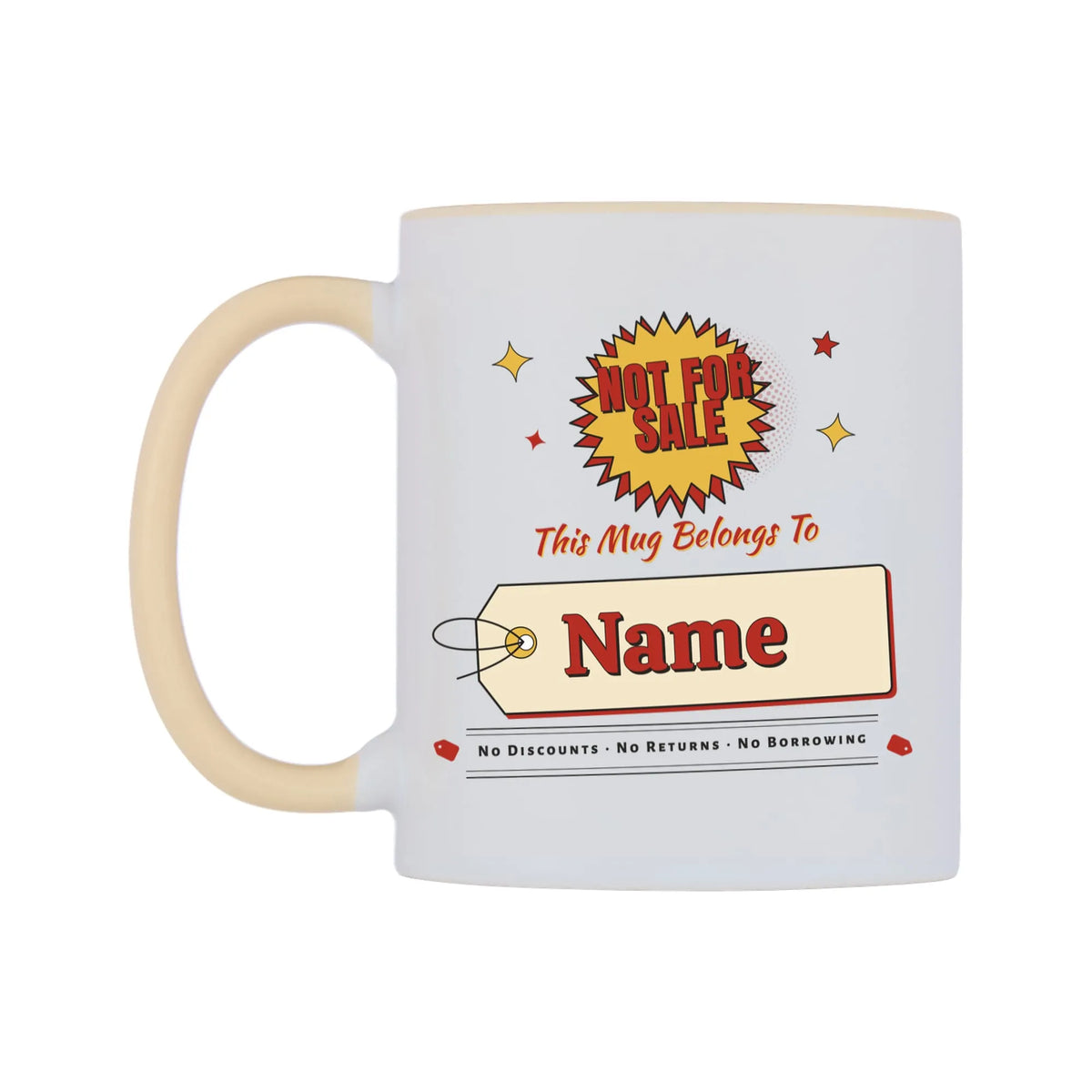 Not For Sale Swing Tag Mug — white 11oz gloss mug with a beige inside and handle, on a white background