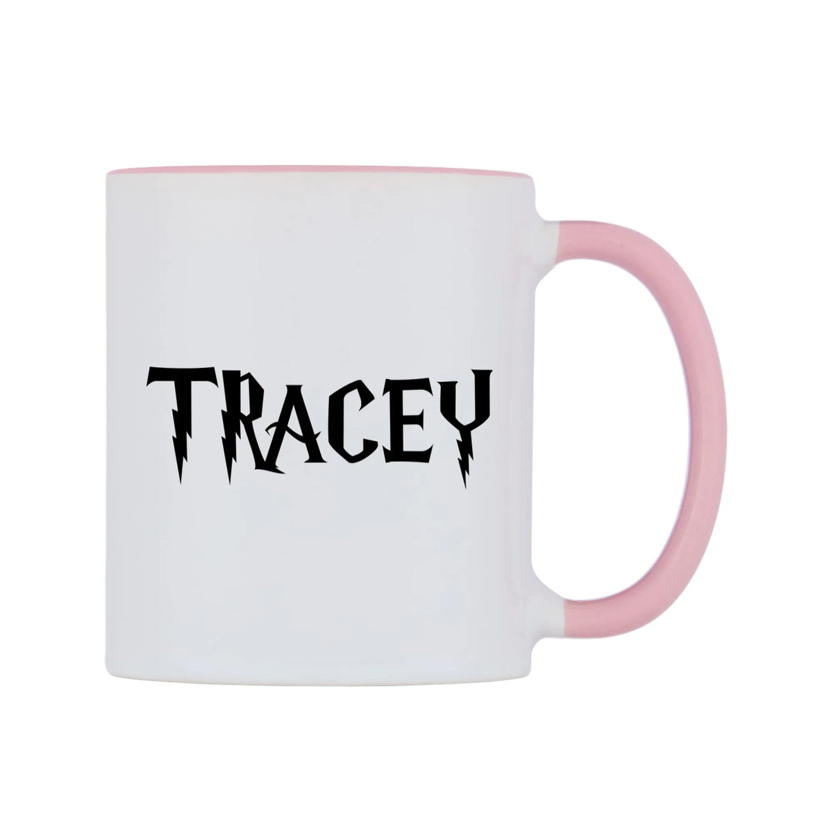 Tracey - Wizard Themed Mug — white 11oz gloss mug with a pink inside and handle, left side, on a white background