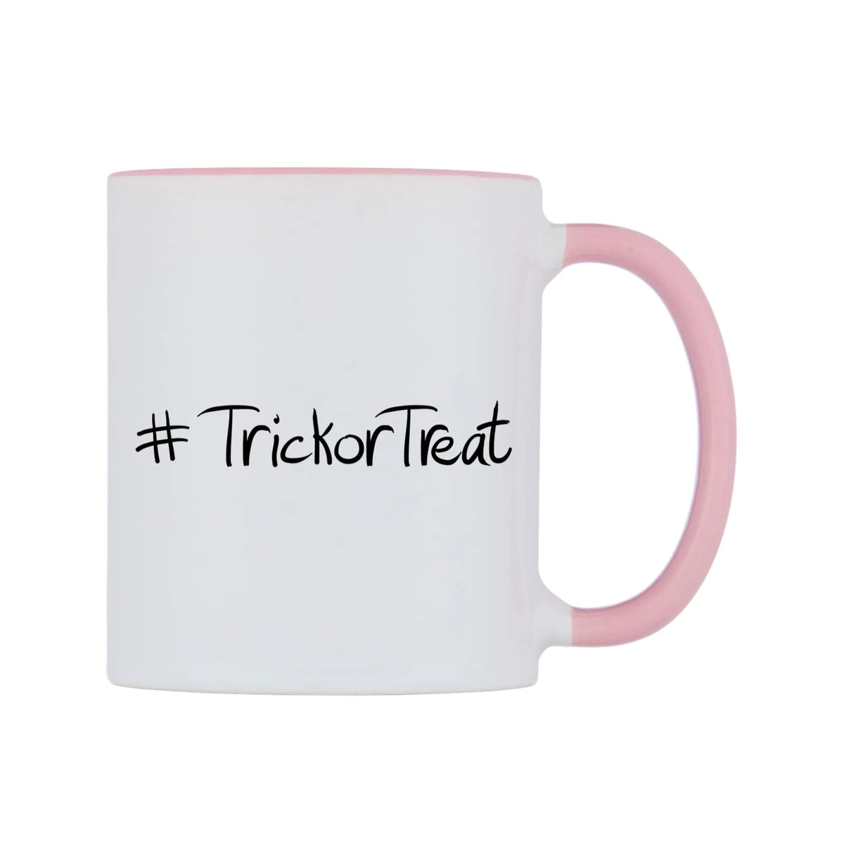 TrickorTreat Mug — white 11oz gloss mug with a pink inside and handle, left side, on a white background