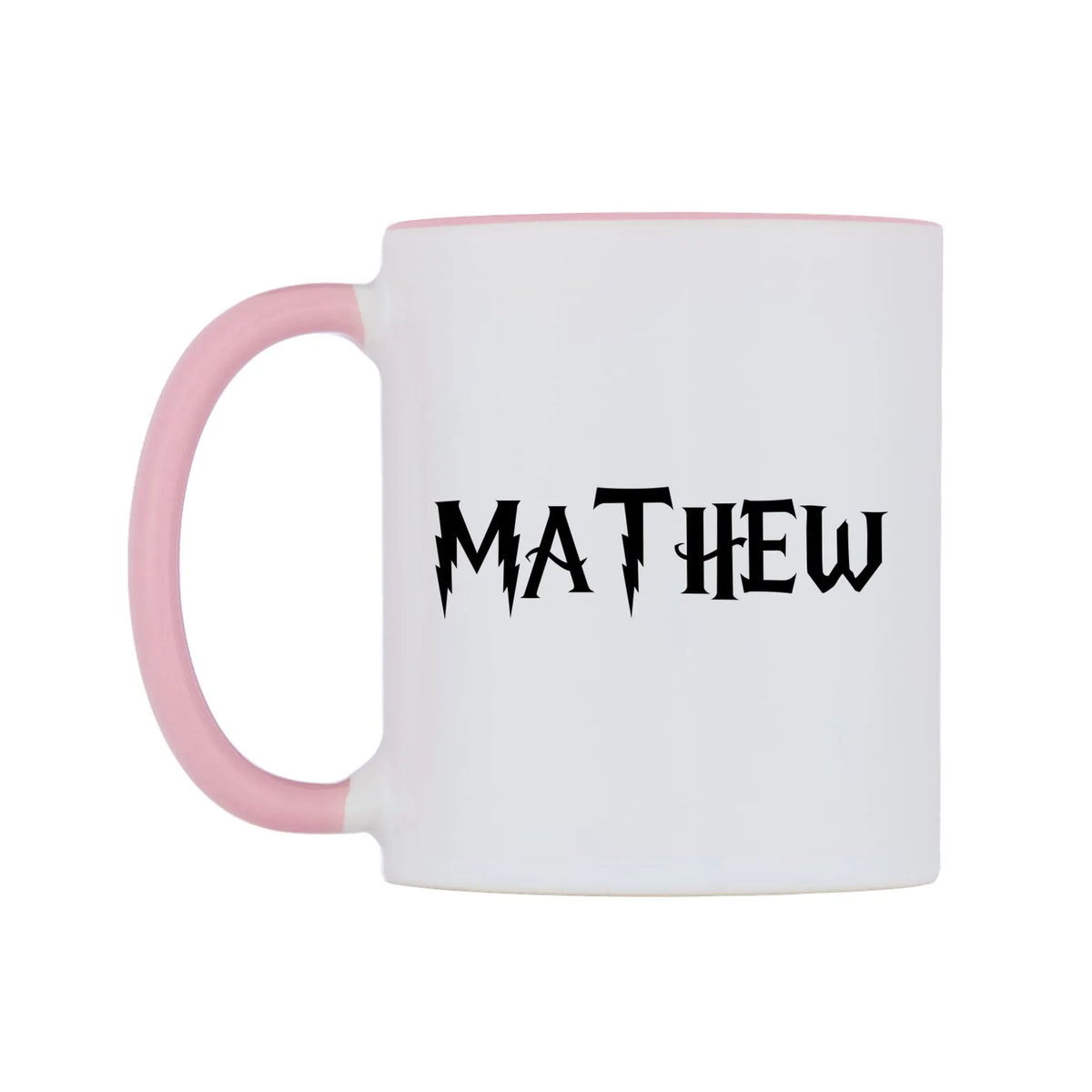 Mathew - Wizard Themed Mug — white 11oz gloss mug with a pink inside and handle, right side, on a white background