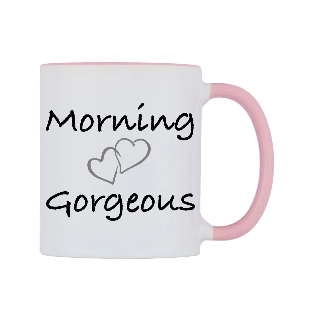 Morning Gorgeous Mug — white 11oz gloss mug with a pink inside and handle, left side, on a white background
