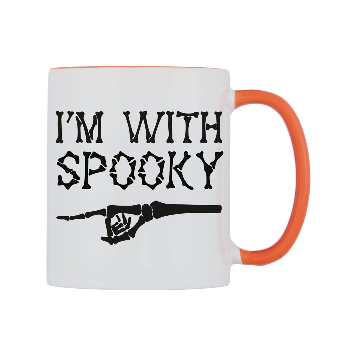 I'm With Spooky Mug — white 11oz gloss mug with a orange inside and handle, left side, on a white background