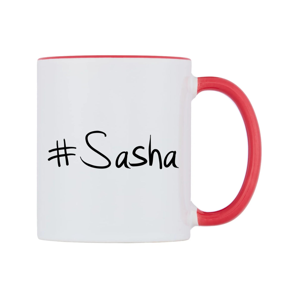Sasha Mug — white 11oz gloss mug with a red inside and handle, left side, on a white background
