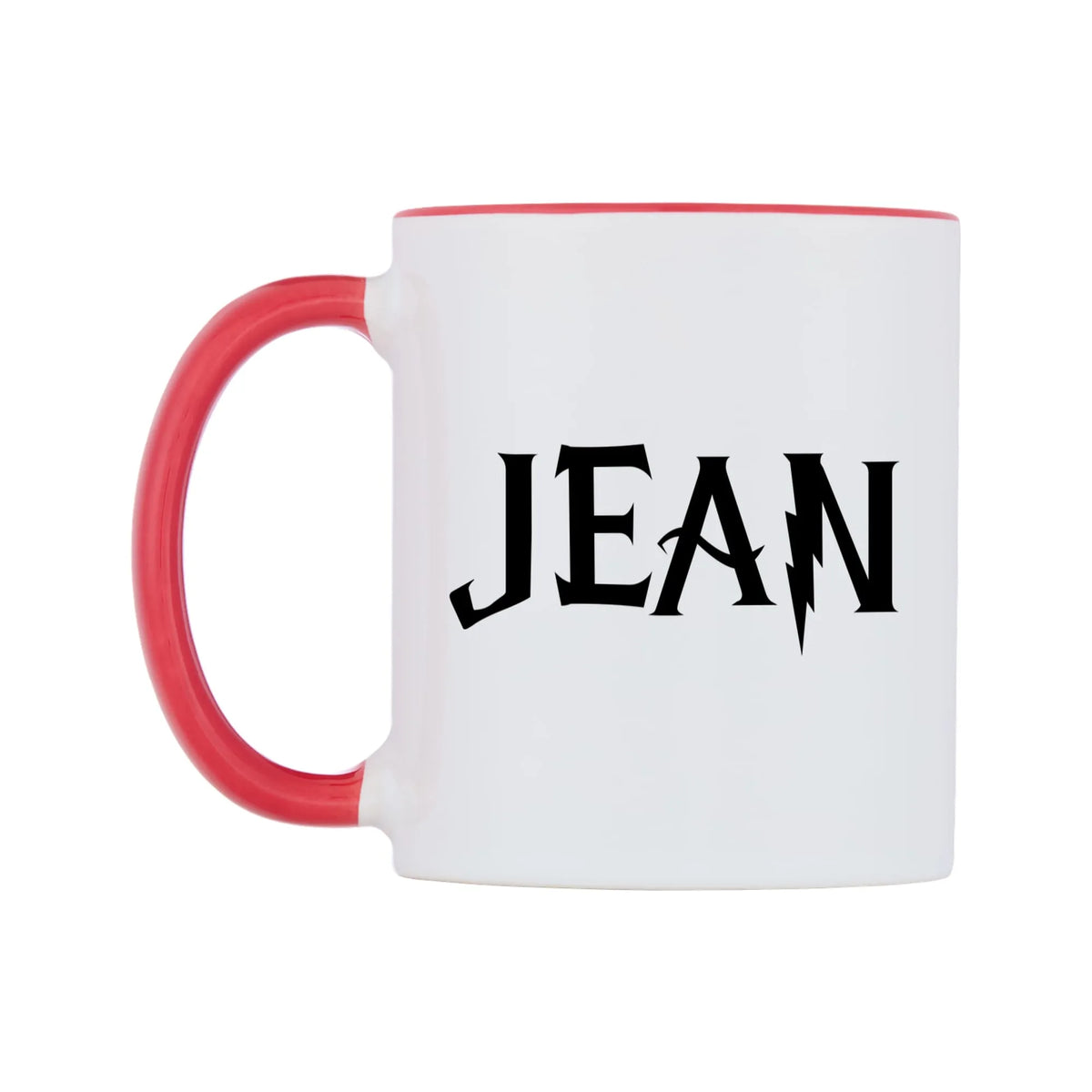 Jean - Wizard Themed Mug — white 11oz gloss mug with a red inside and handle, right side, on a white background