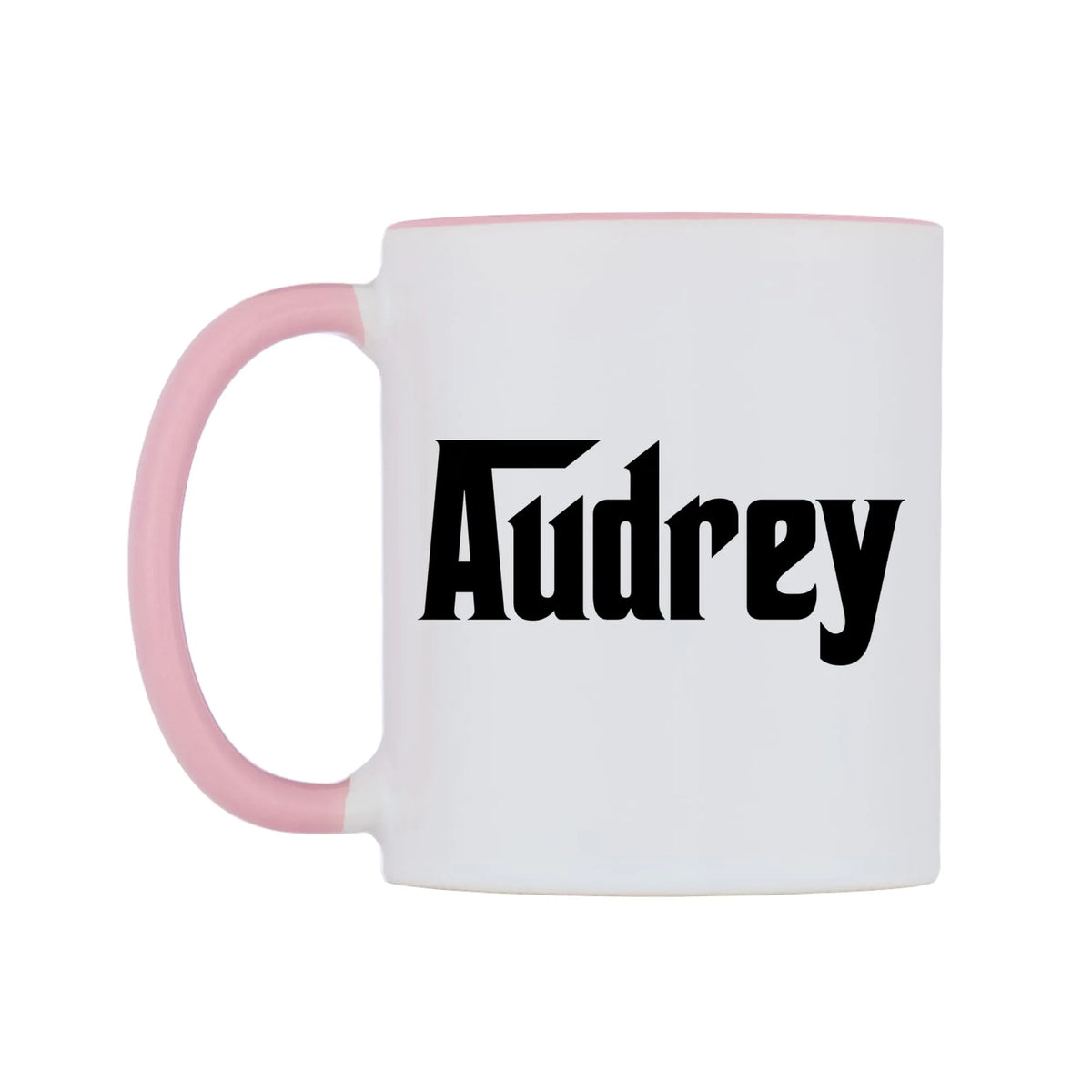 Audrey - Godfather Themed Mug — white 11oz gloss mug with a pink inside and handle, right side, on a white background