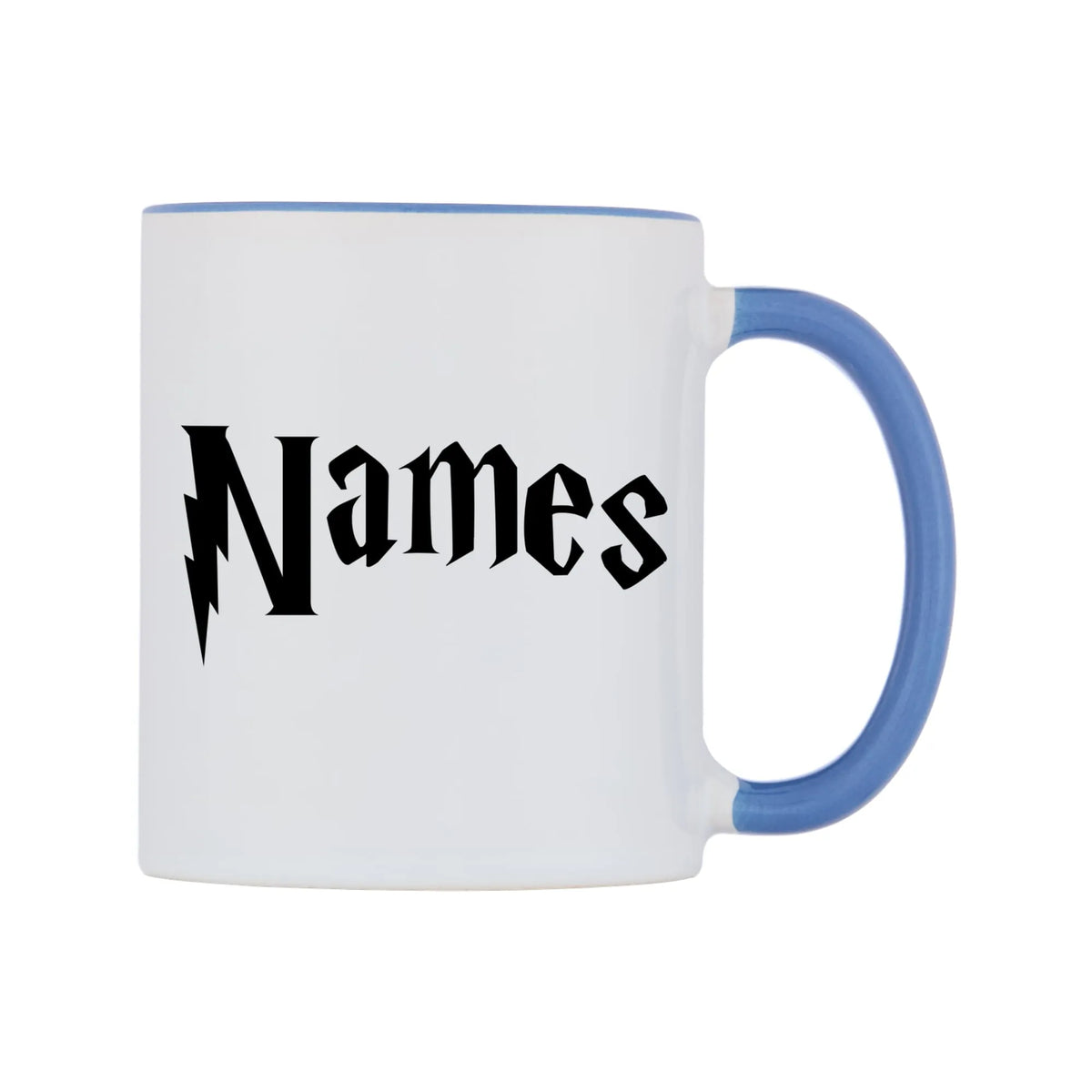 Personlised Wizard Themed Font Name Mug — white 11oz gloss mug with a cambridge blue inside and handle, left side, on a white background