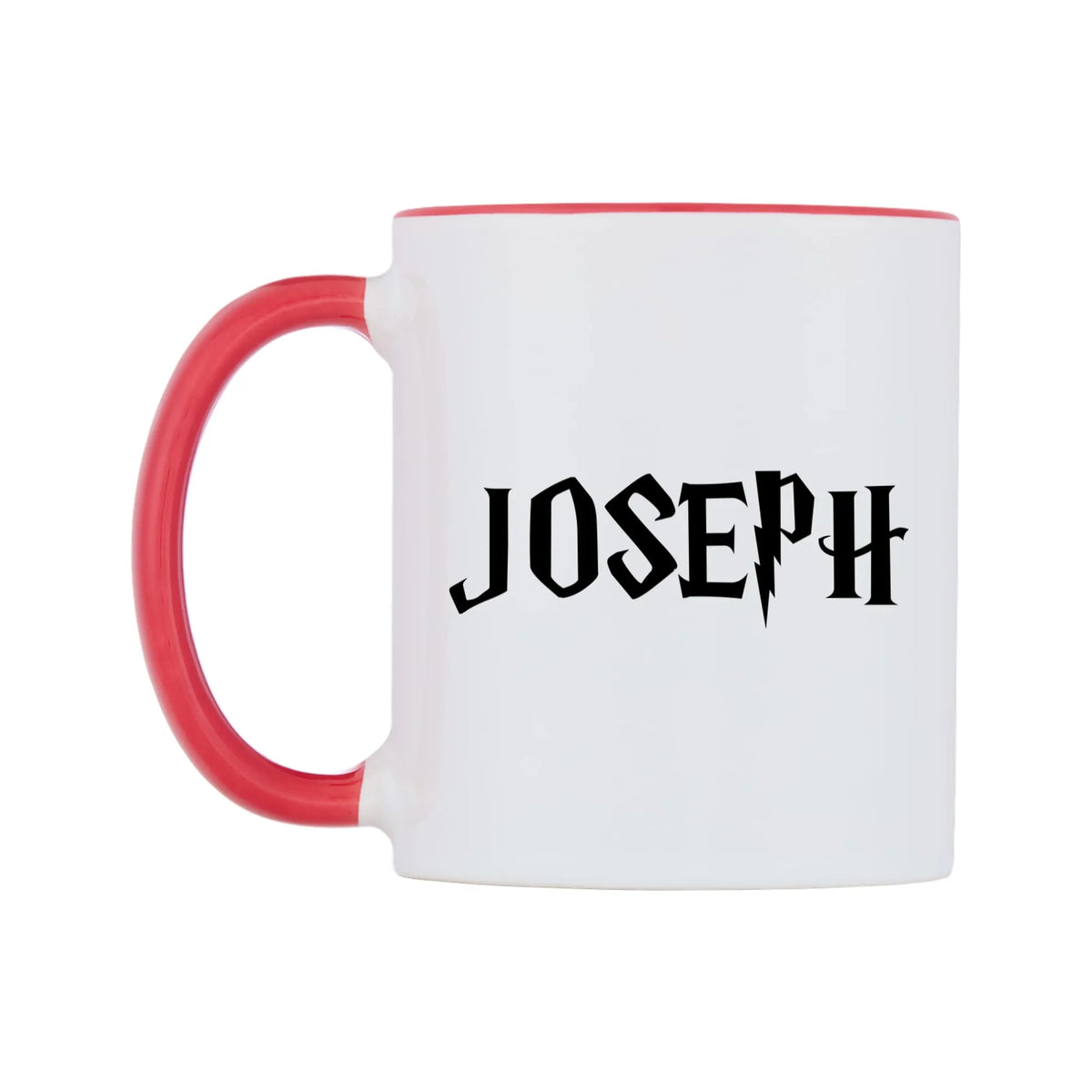 Joseph - Wizard Themed Mug — white 11oz gloss mug with a red inside and handle, right side, on a white background