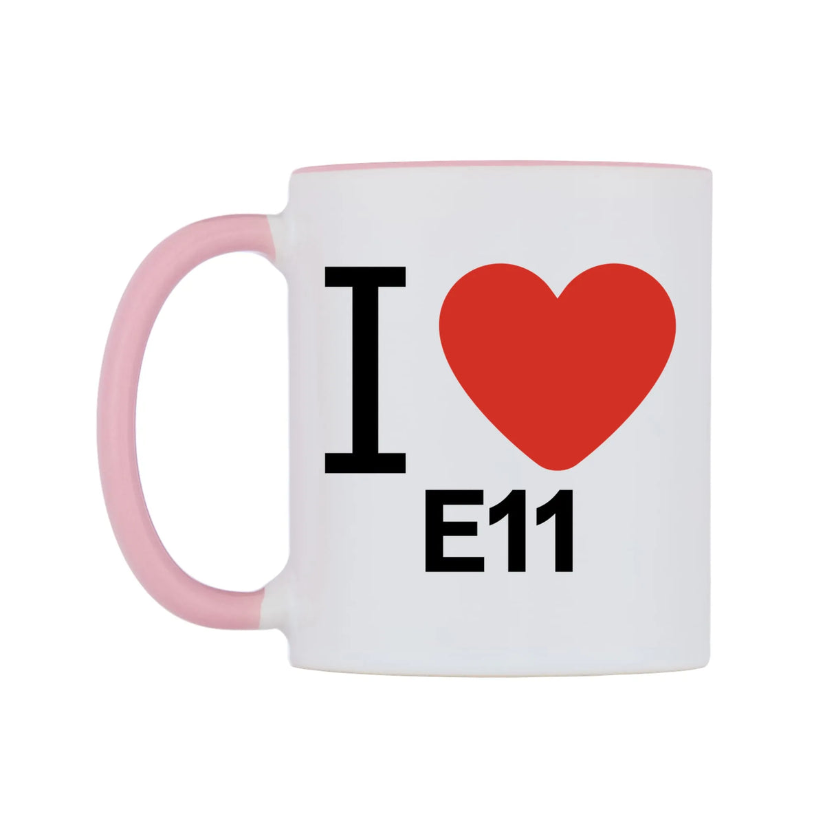 I Love E11 Mug — white 11oz gloss mug with a pink inside and handle, right side, on a white background