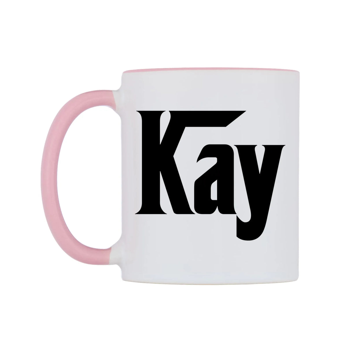 Kay - Godfather Themed Mug — white 11oz gloss mug with a pink inside and handle, right side, on a white background