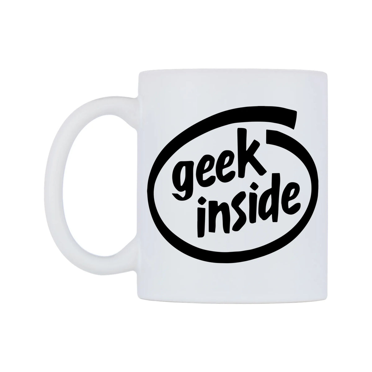 Geek Inside Mug — white 11oz gloss mug, right side, on a white background