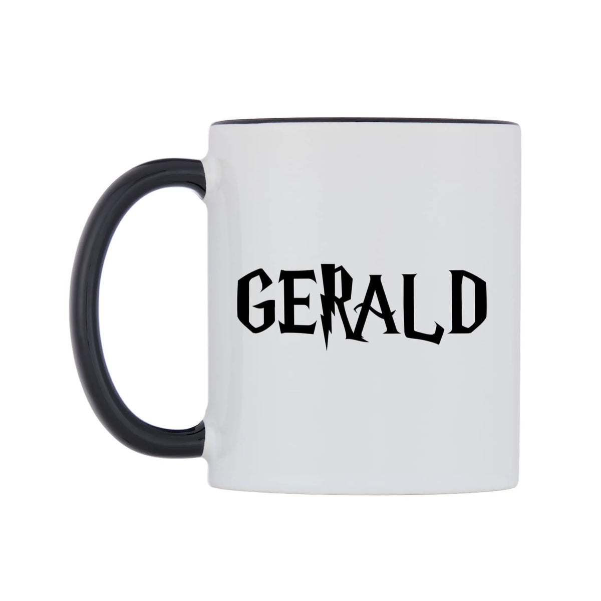 Gerald - Wizard Themed Mug — white 11oz gloss mug with a black inside and handle, right side, on a white background