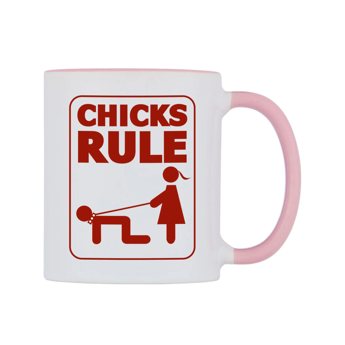 Chicks Rule Mug — white 11oz gloss mug with a pink inside and handle, left side, on a white background