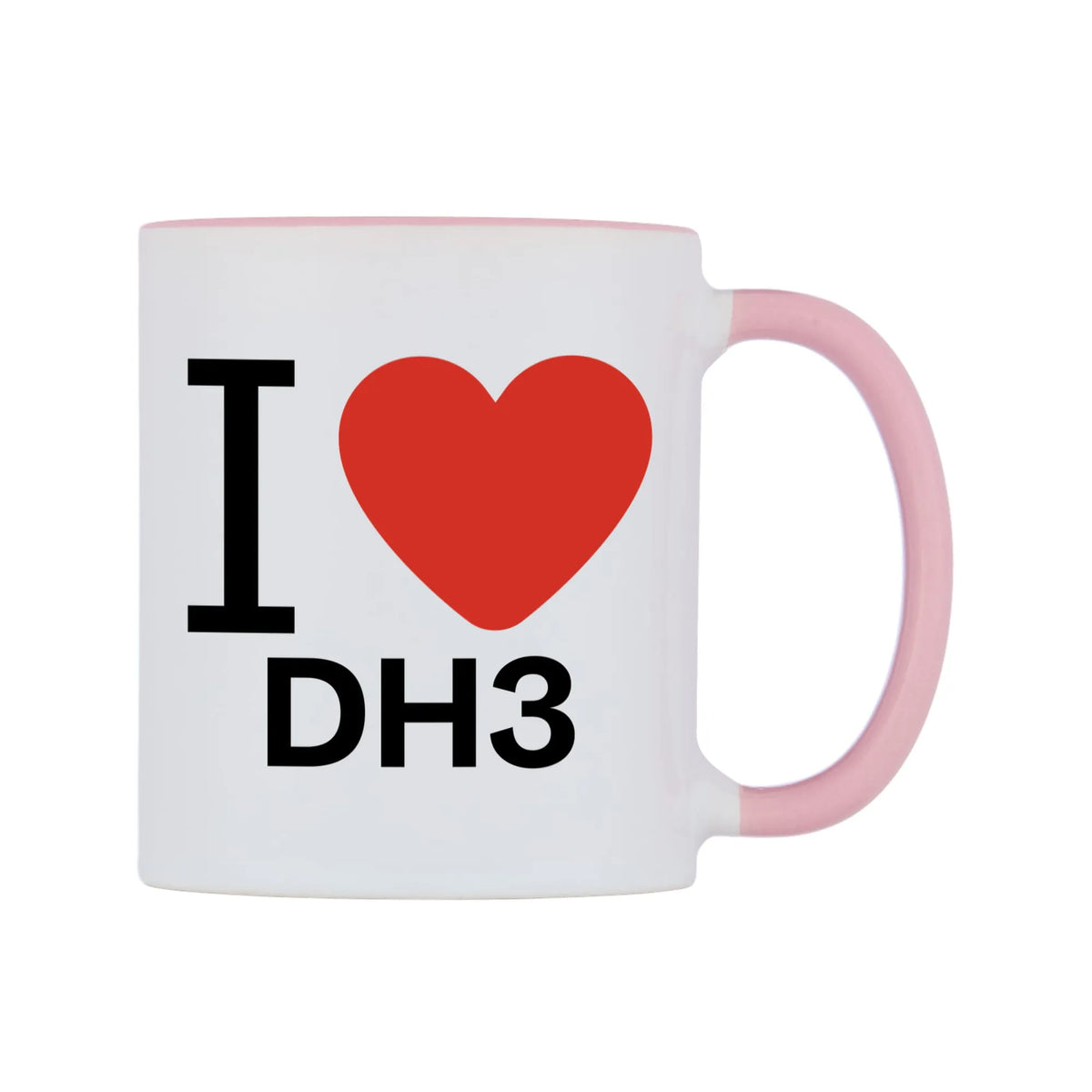 I Love DH3 Mug — white 11oz gloss mug with a pink inside and handle, left side, on a white background