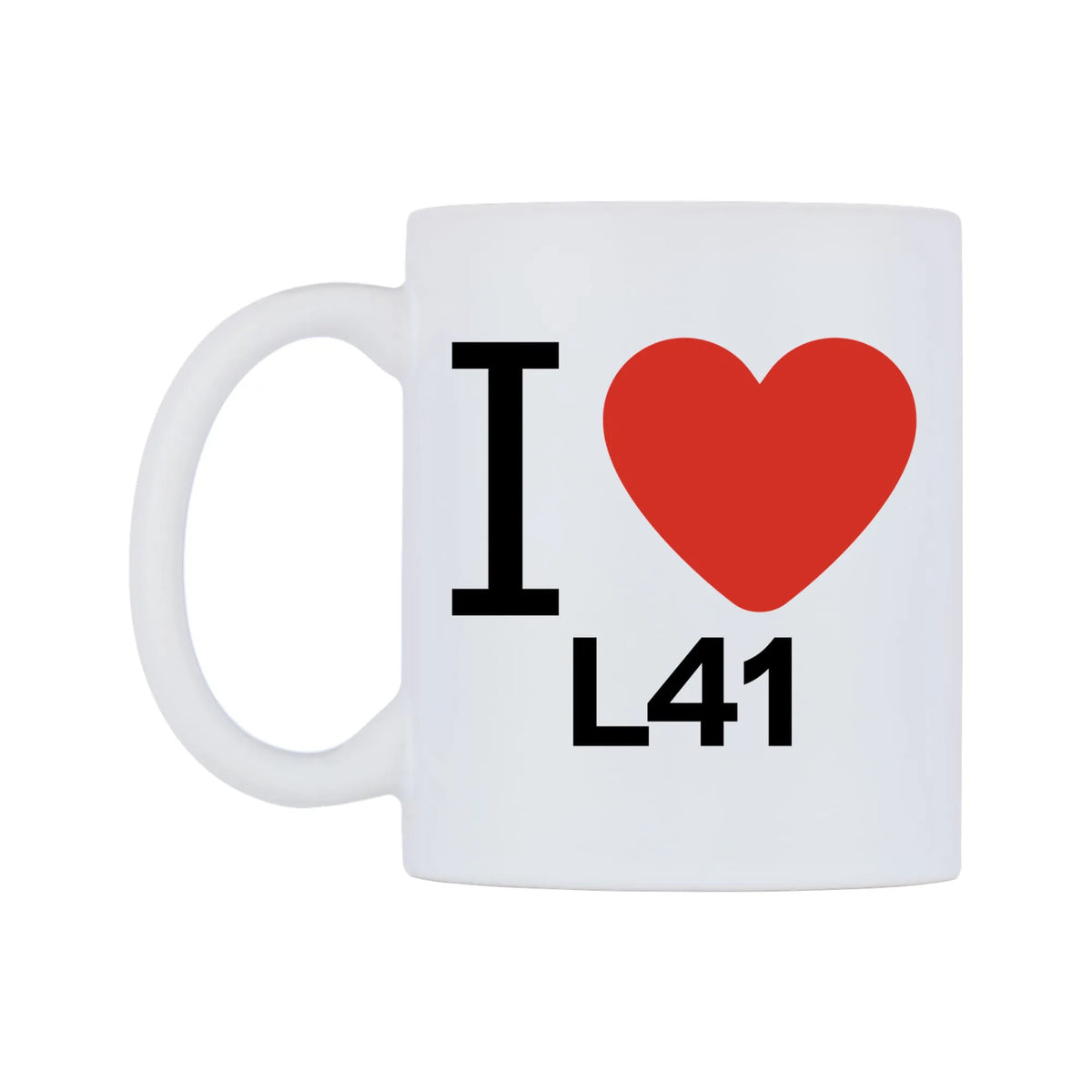 I Love L41 Mug — white 11oz gloss mug, right side, on a white background