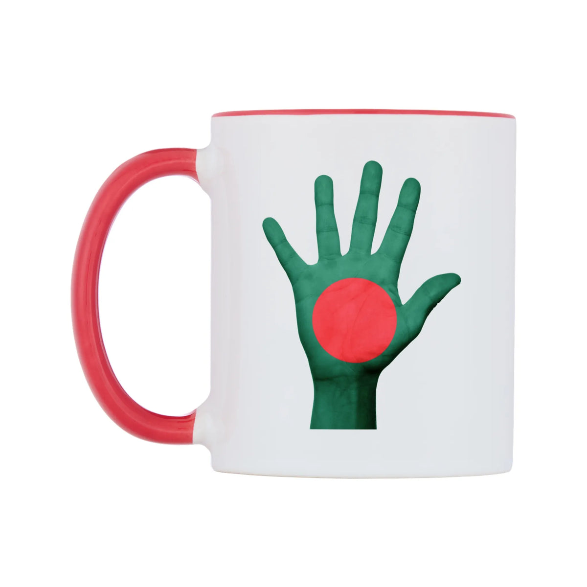 Bangladesh Hand Flag Mug — white 11oz gloss mug with a red inside and handle, right side, on a white background