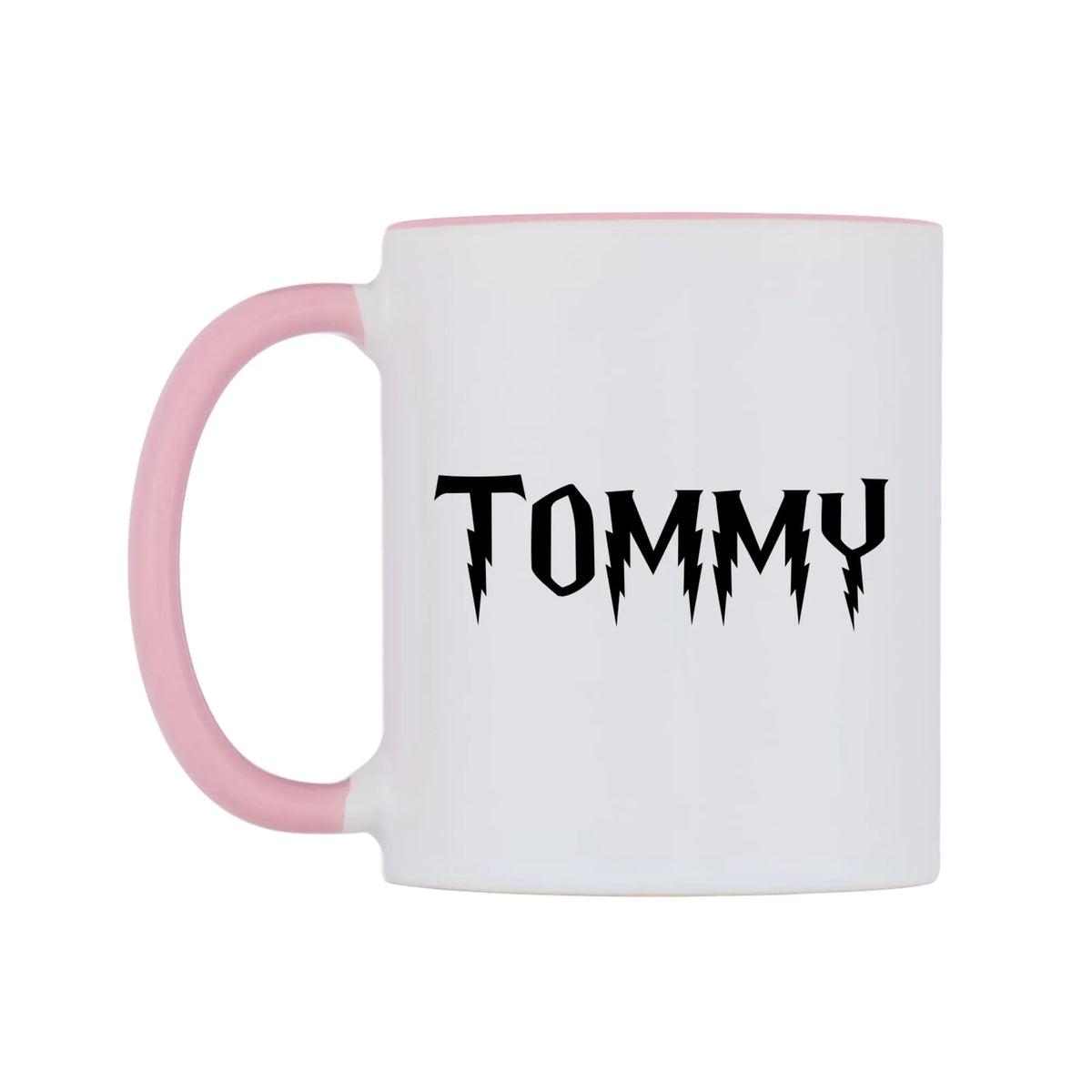 Tommy - Wizard Themed Mug — white 11oz gloss mug with a pink inside and handle, right side, on a white background