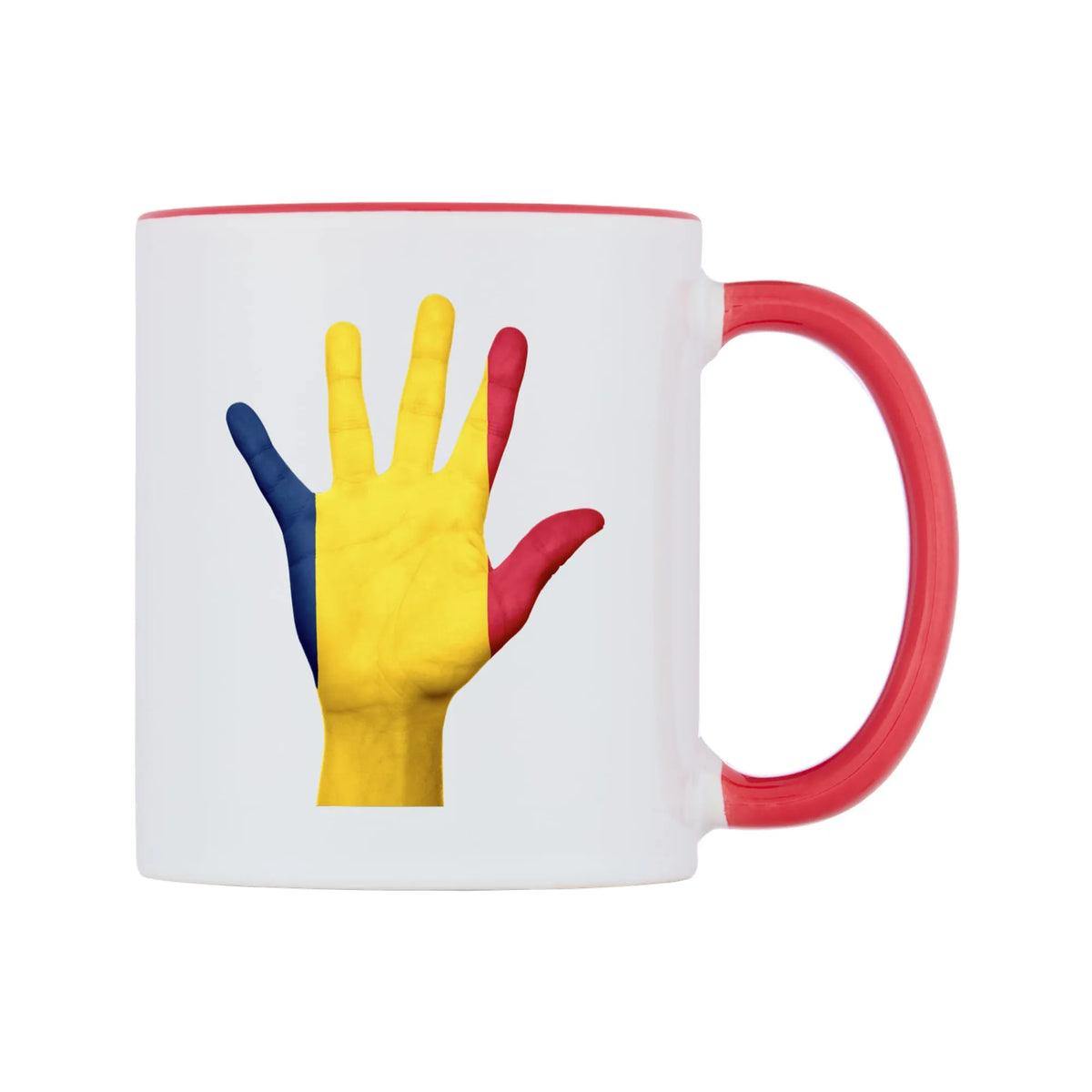 Chad Hand Flag Mug — white 11oz gloss mug with a red inside and handle, left side, on a white background