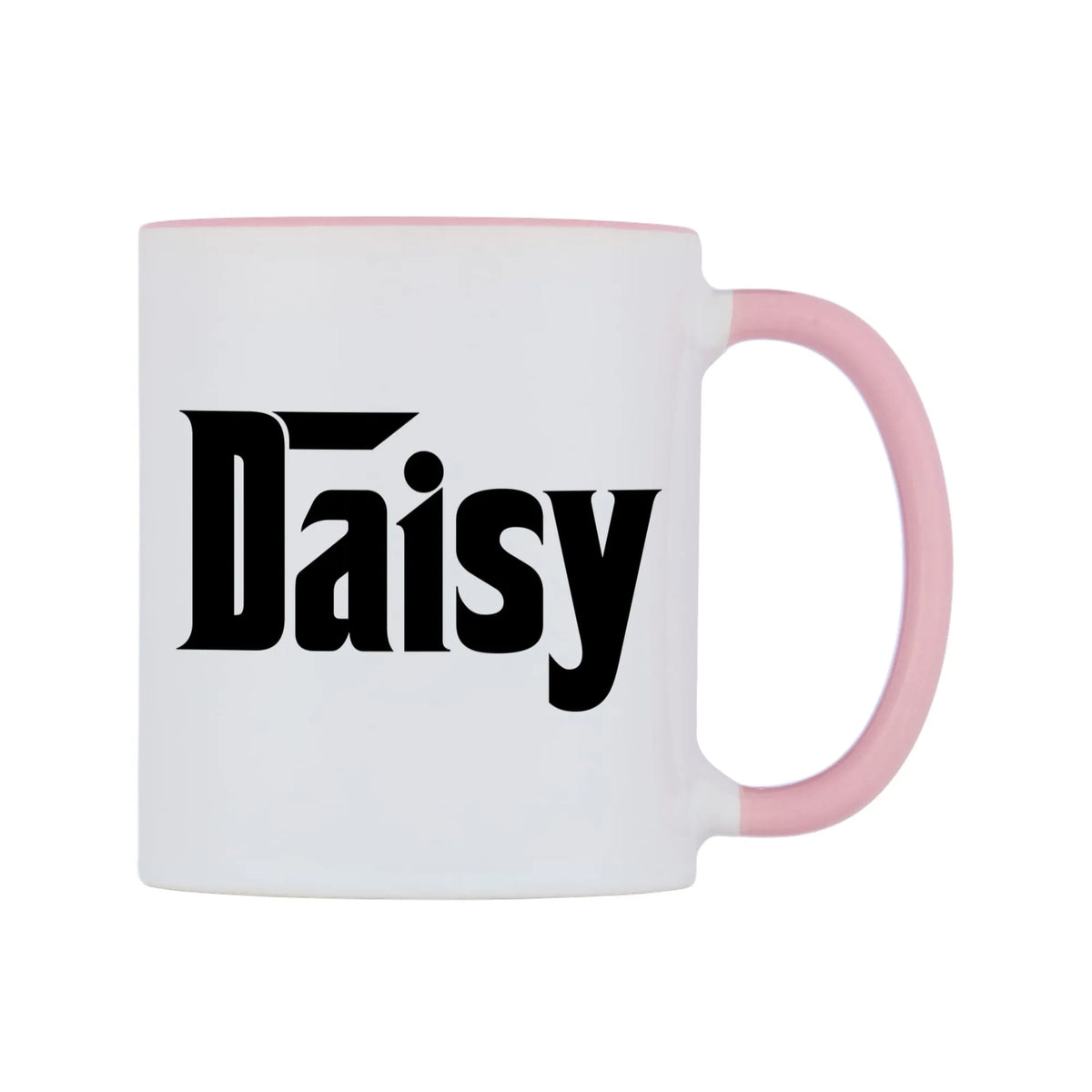 Daisy - Godfather Themed Mug — white 11oz gloss mug with a pink inside and handle, left side, on a white background