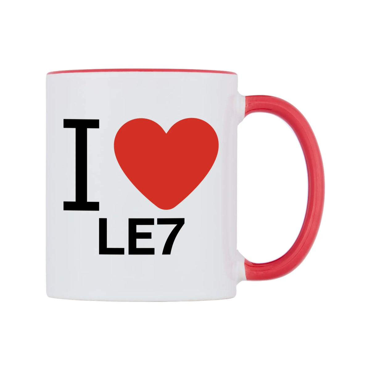 I Love LE7 Mug — white 11oz gloss mug with a red inside and handle, left side, on a white background