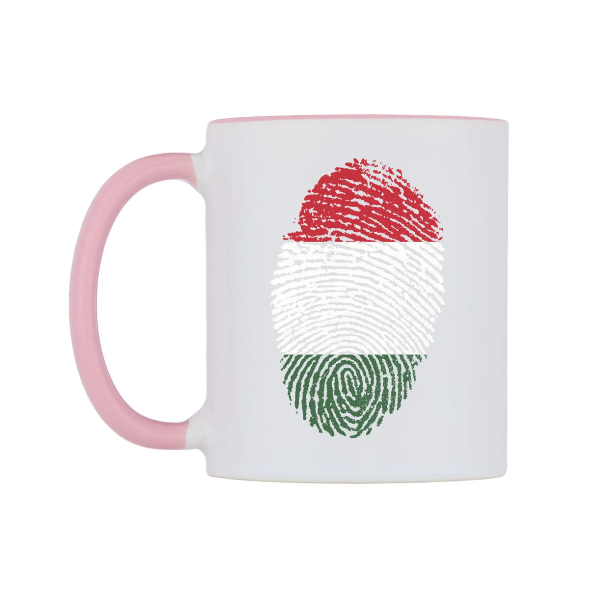 Hungary Finger Print Flag Mug — white 11oz gloss mug with a pink inside and handle, right side, on a white background