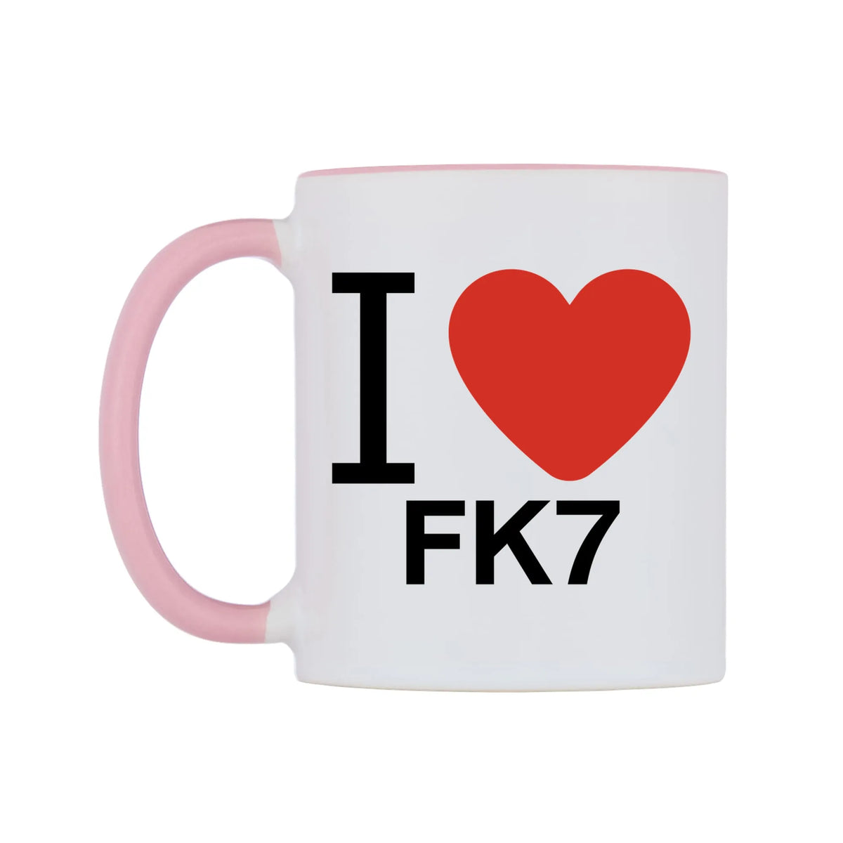 I Love FK7 Mug — white 11oz gloss mug with a pink inside and handle, right side, on a white background