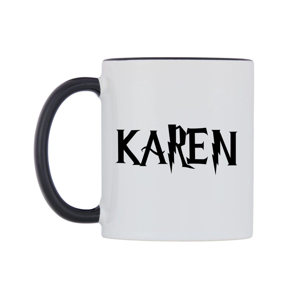 Karen - Wizard Themed Mug — white 11oz gloss mug with a black inside and handle, right side, on a white background