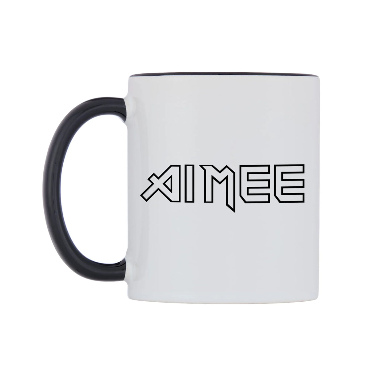 Aimee - Iron Maiden Themed Mug — white 11oz gloss mug with a black inside and handle, right side, on a white background