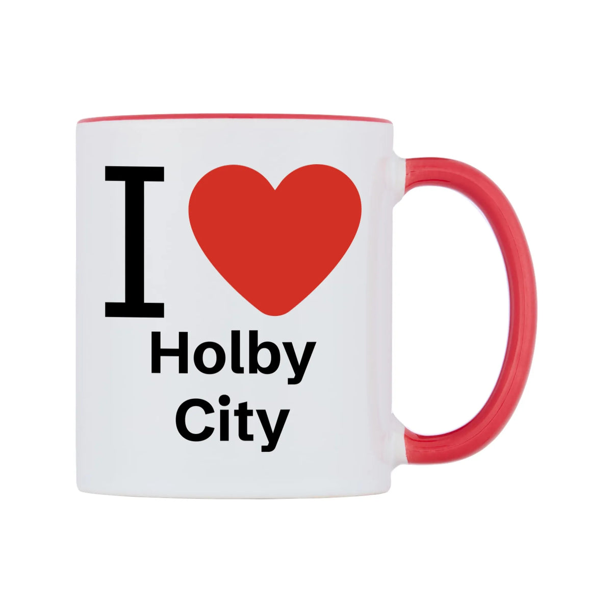 I Love Holby City Mug — white 11oz gloss mug with a red inside and handle, left side, on a white background
