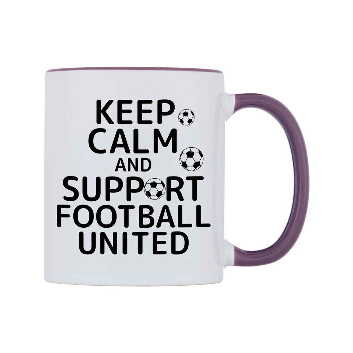 Keep Calm And Support Personalised Team Mug — white 11oz gloss mug with a purple inside and handle, left side, on a white background