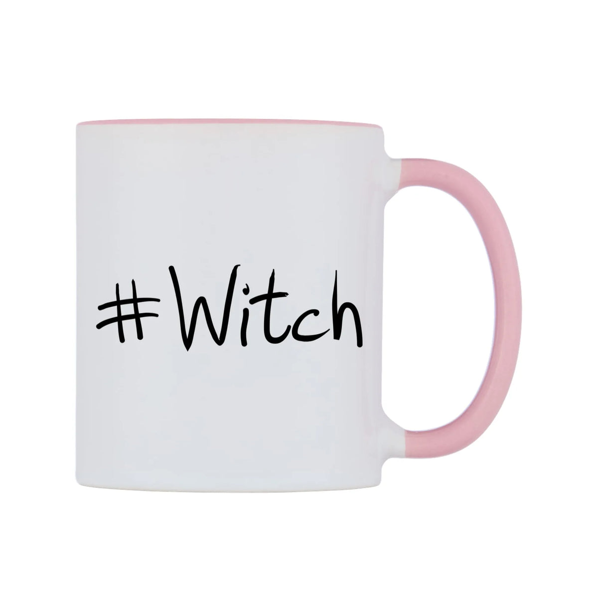 Witch Mug — white 11oz gloss mug with a pink inside and handle, left side, on a white background