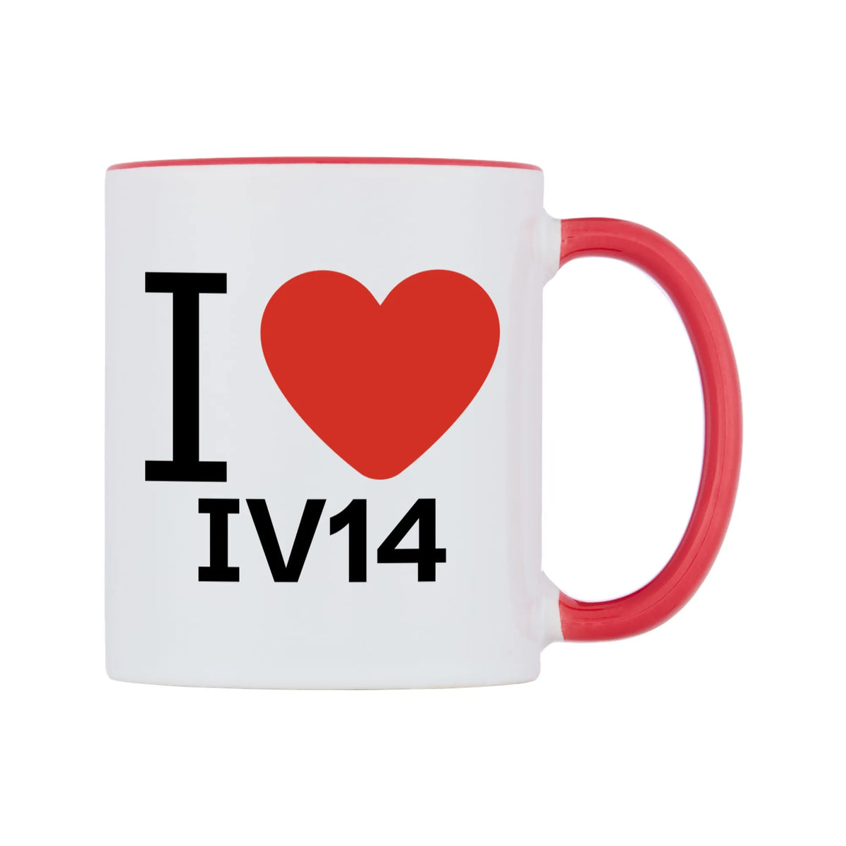 I Love IV14 Mug — white 11oz gloss mug with a red inside and handle, left side, on a white background