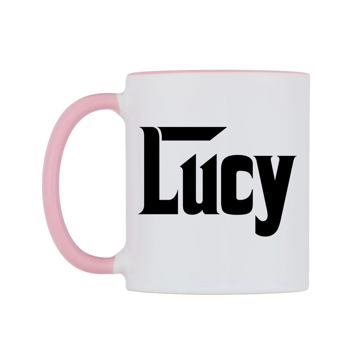Lucy - Godfather Themed Mug — white 11oz gloss mug with a pink inside and handle, right side, on a white background