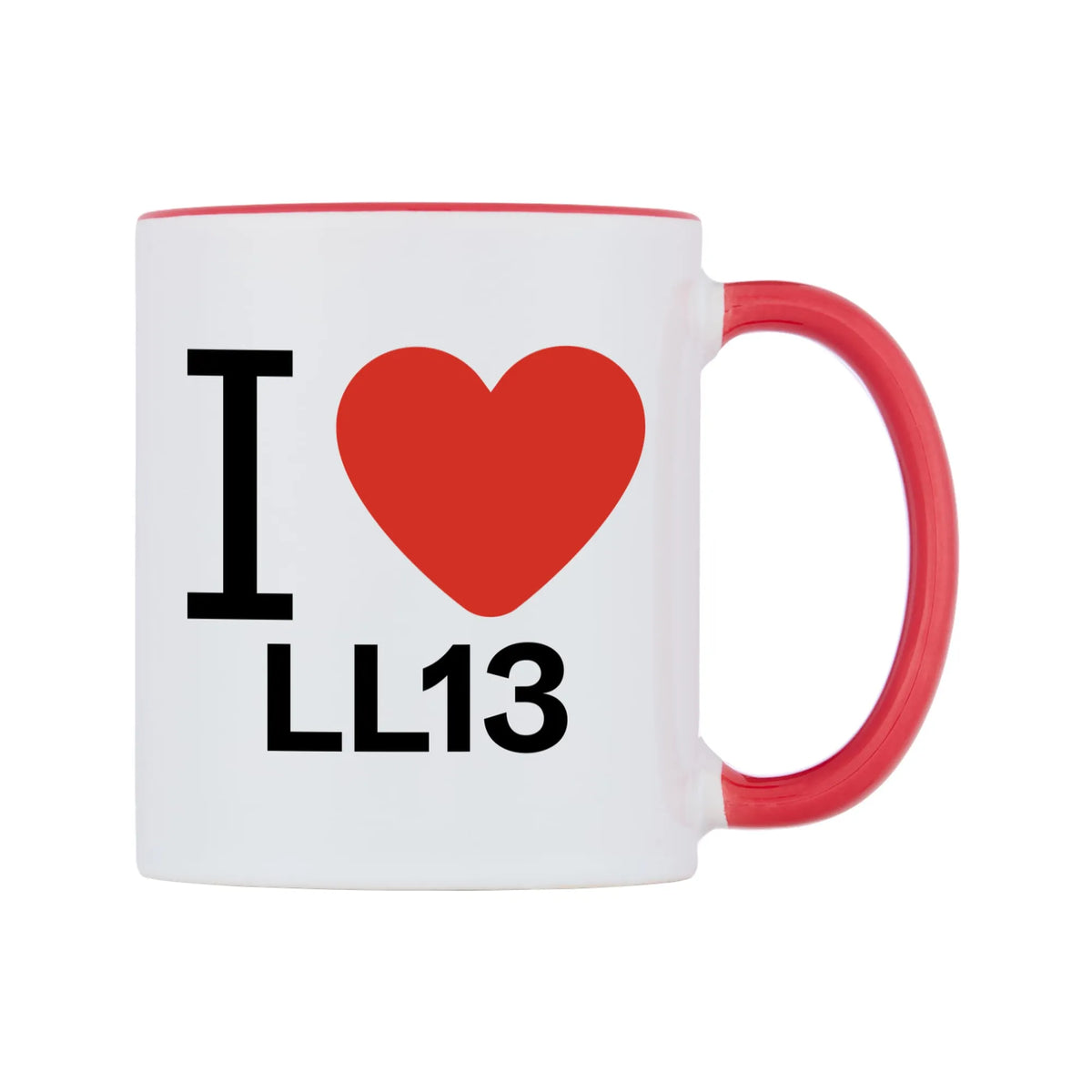 I Love LL13 Mug — white 11oz gloss mug with a red inside and handle, left side, on a white background