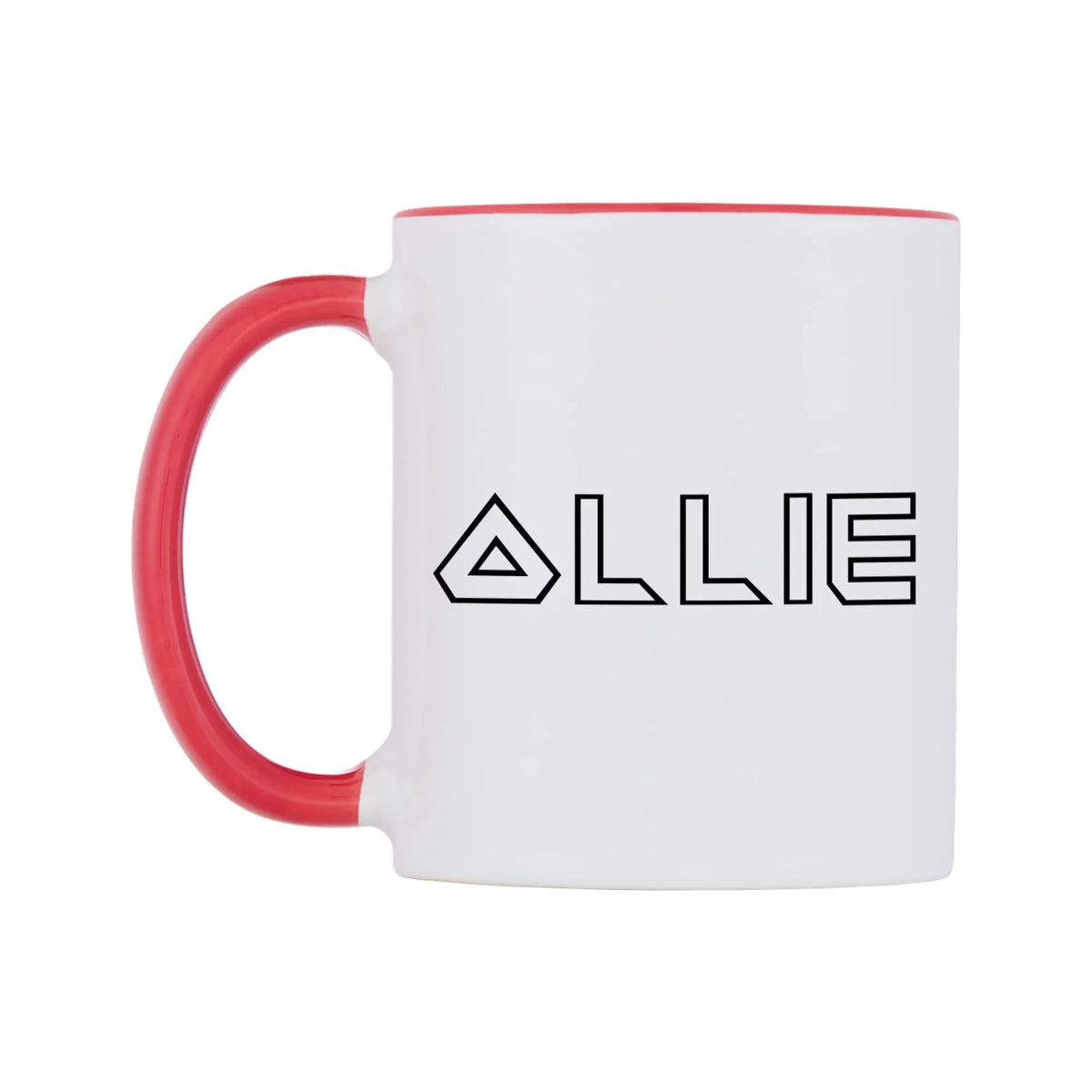 Ollie - Iron Maiden Themed Mug — white 11oz gloss mug with a red inside and handle, right side, on a white background