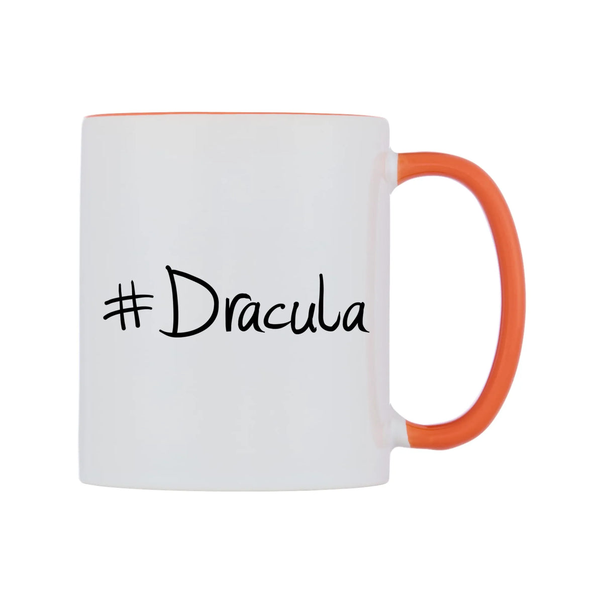 Dracula Mug — white 11oz gloss mug with a orange inside and handle, left side, on a white background