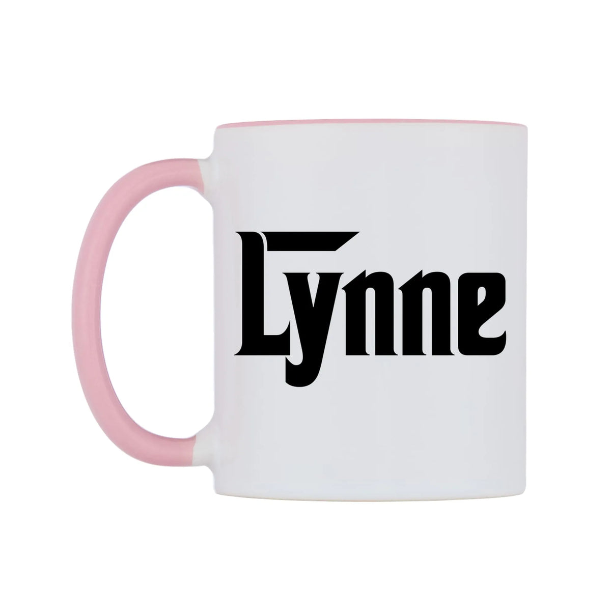 Lynne - Godfather Themed Mug — white 11oz gloss mug with a pink inside and handle, right side, on a white background