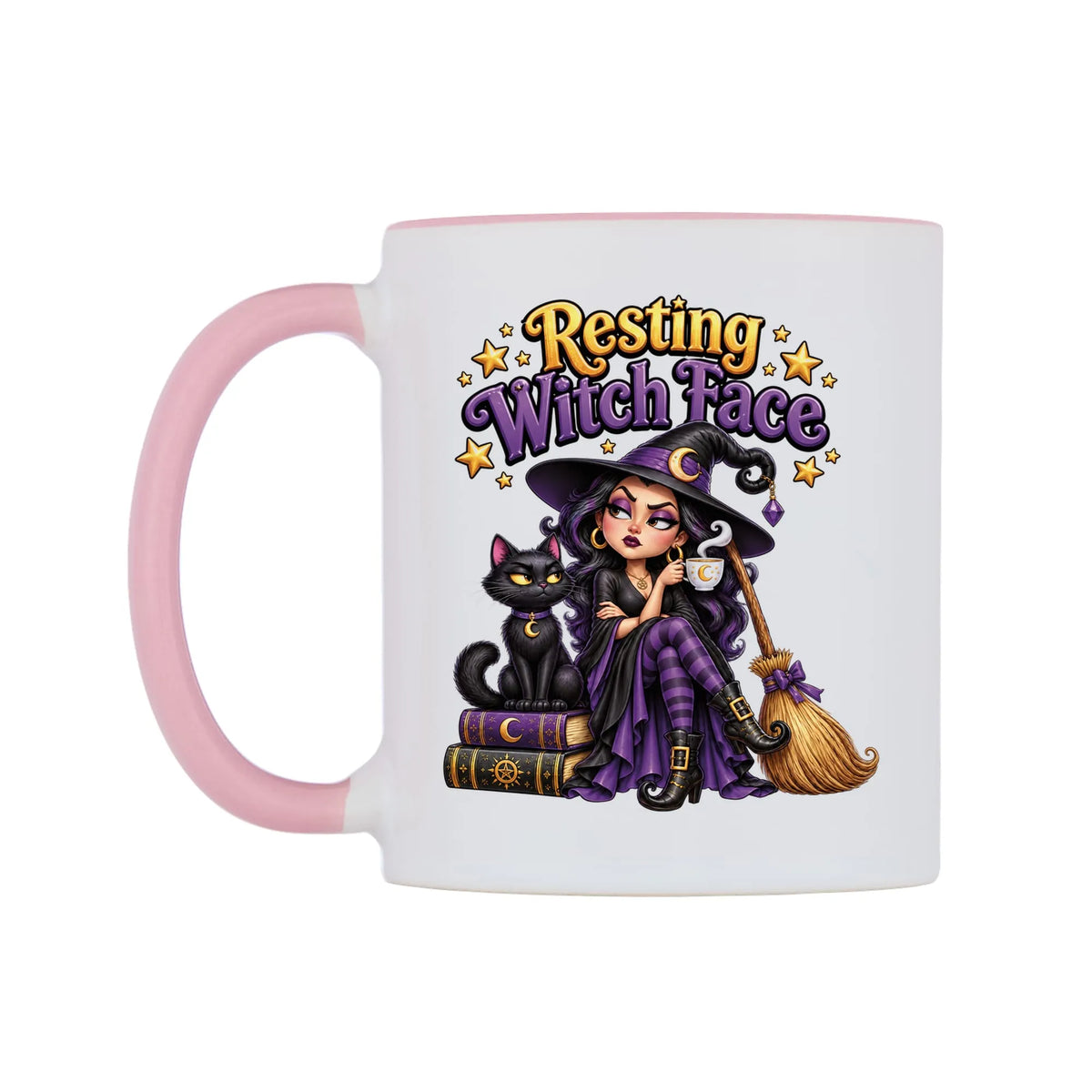 Resting Witch Face Mug — white 11oz gloss mug with a pink inside and handle, right side, on a white background