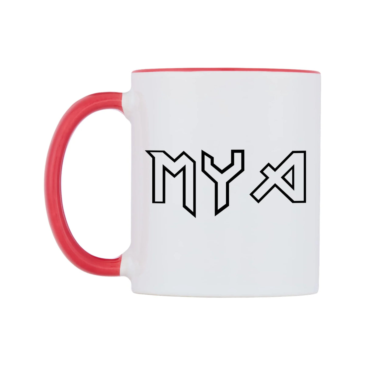 Mya - Iron Maiden Themed Mug — white 11oz gloss mug with a red inside and handle, right side, on a white background
