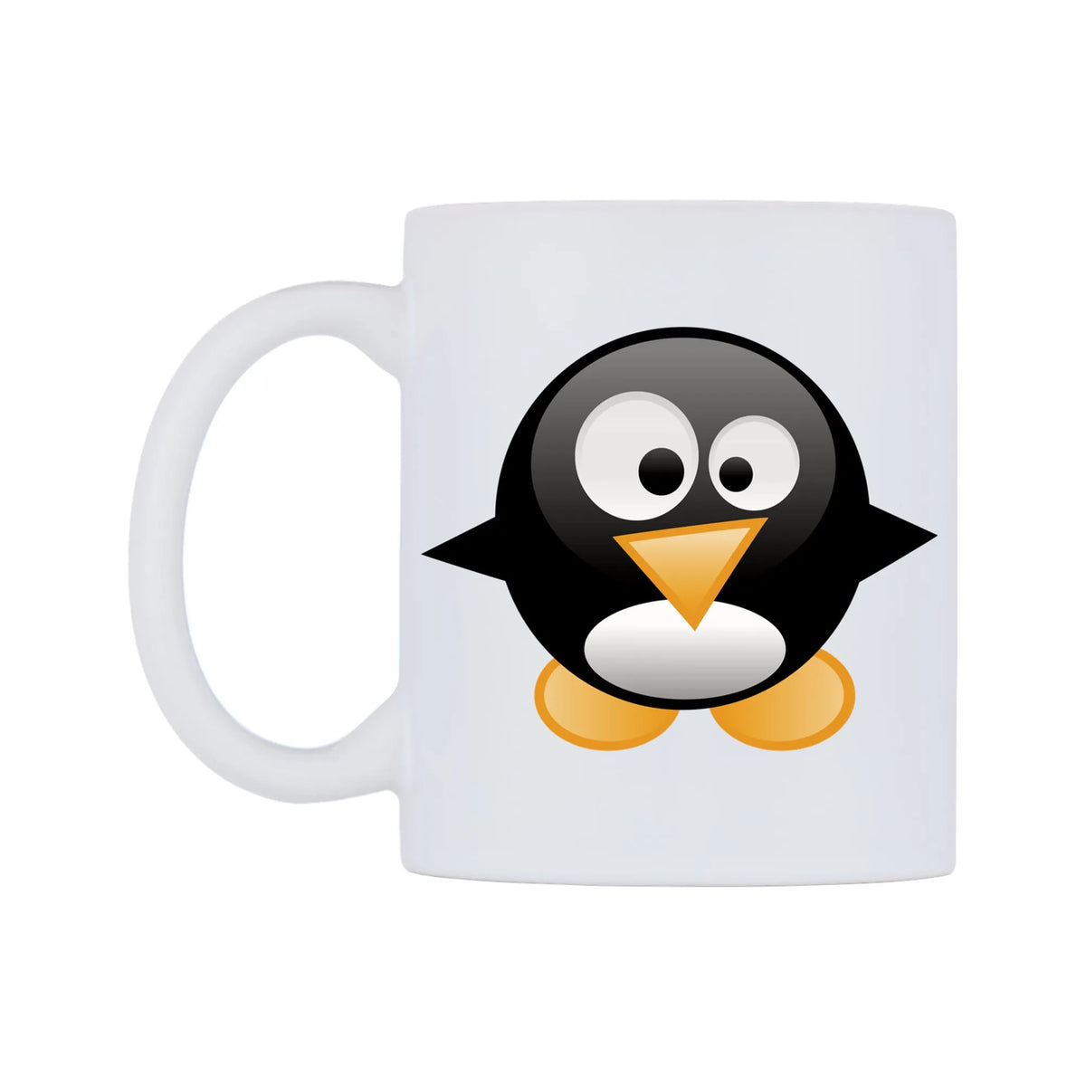 Cute Penguin Mug — white 11oz gloss mug, right side, on a white background
