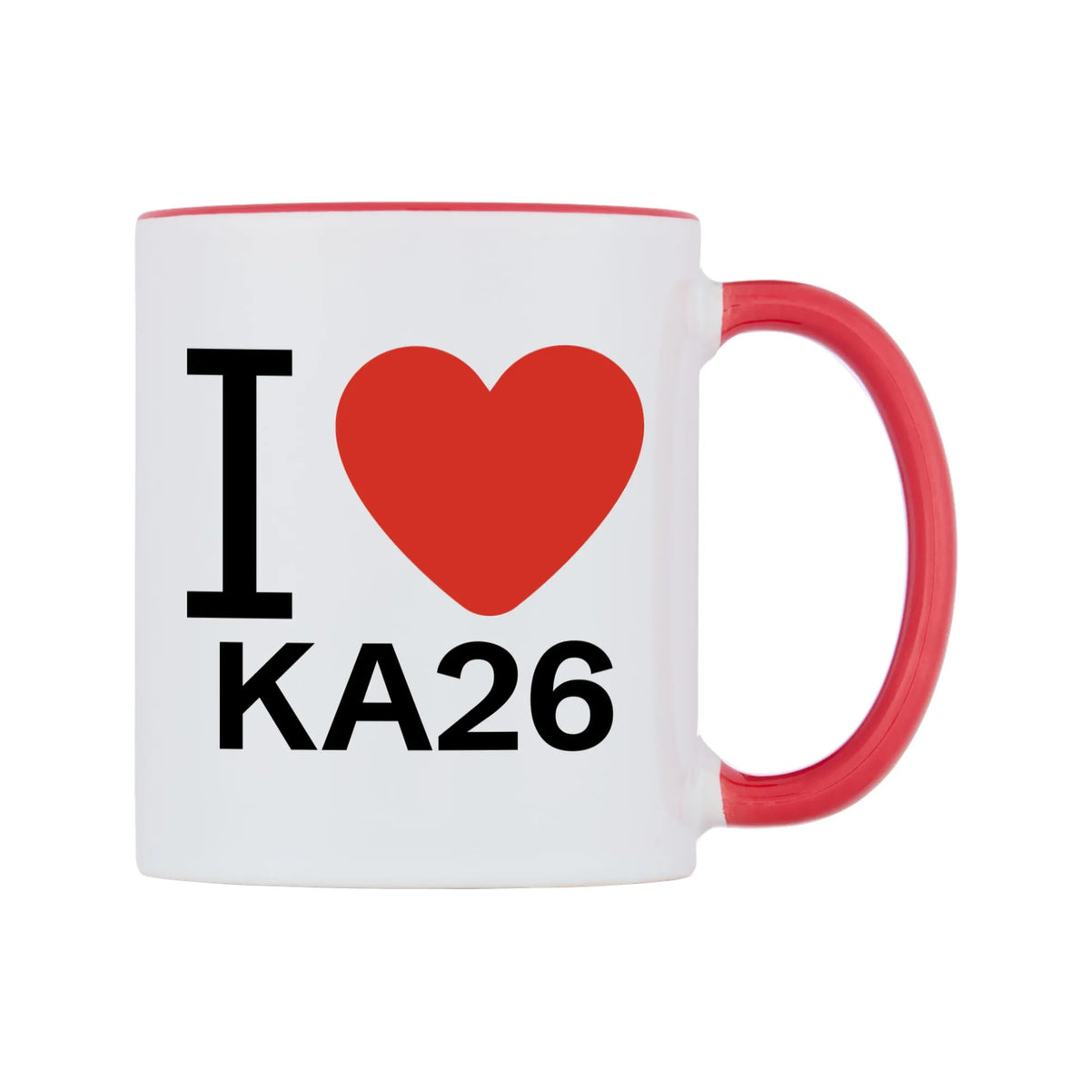 I Love KA26 Mug — white 11oz gloss mug with a red inside and handle, left side, on a white background